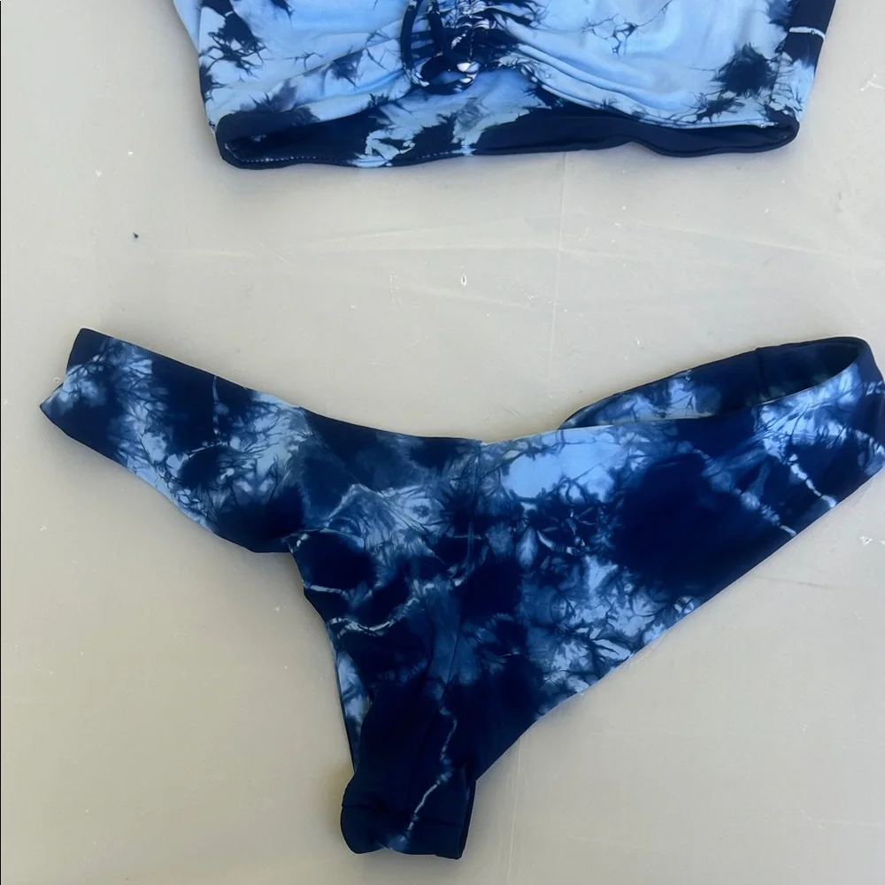Frankie's Bikinis Light Blue and Navy Tie-Dye Crop Bikini Set